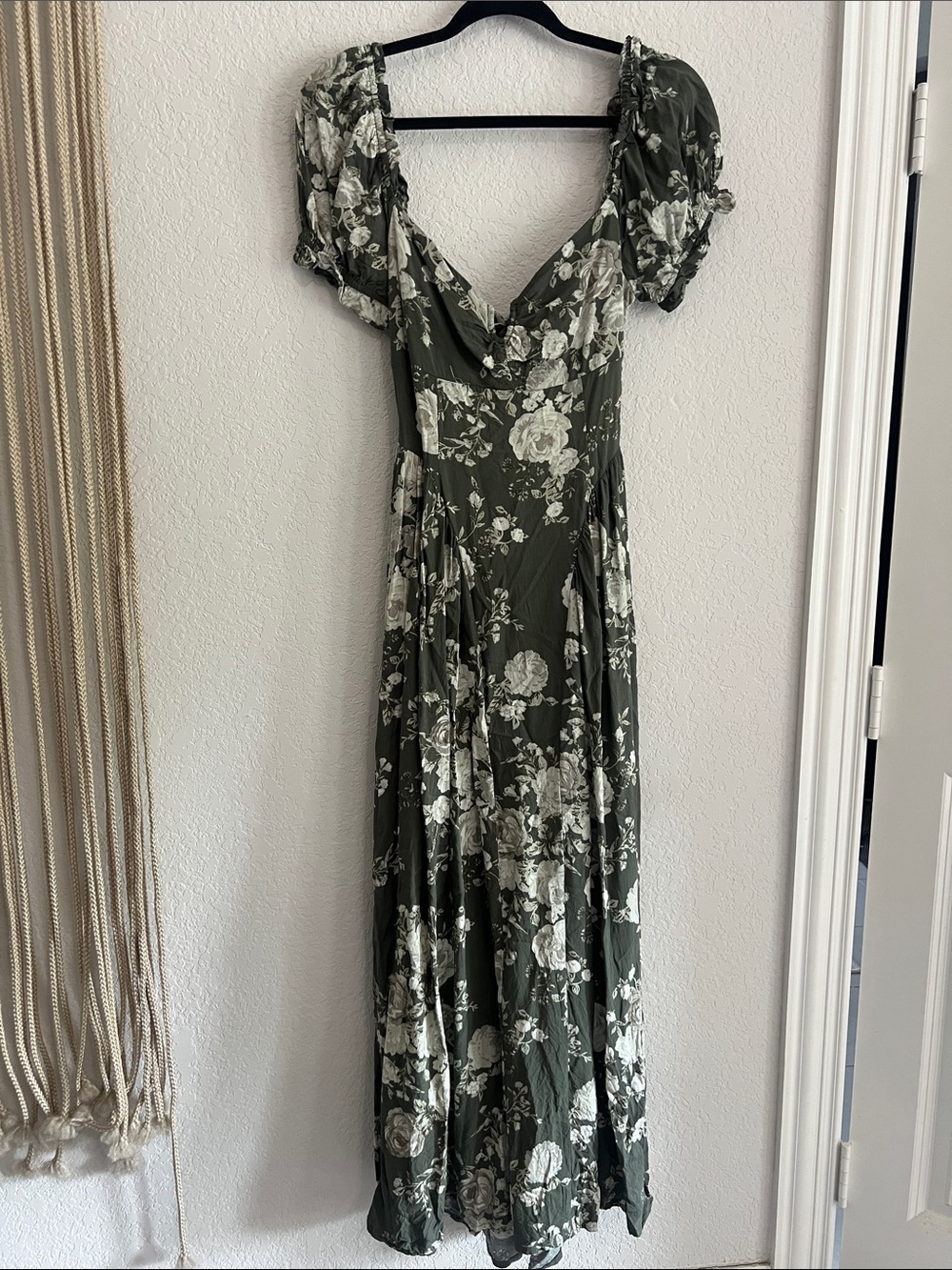 Olive Floral Maxi Dress with Puff Sleeves